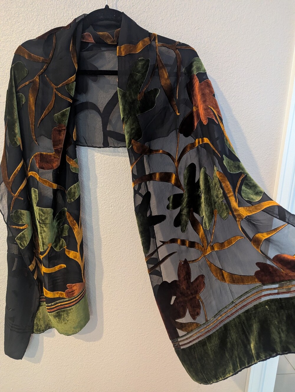 REDfish Designs Silk Blend Scarf in Green, Brown and Gold, Black 70x21